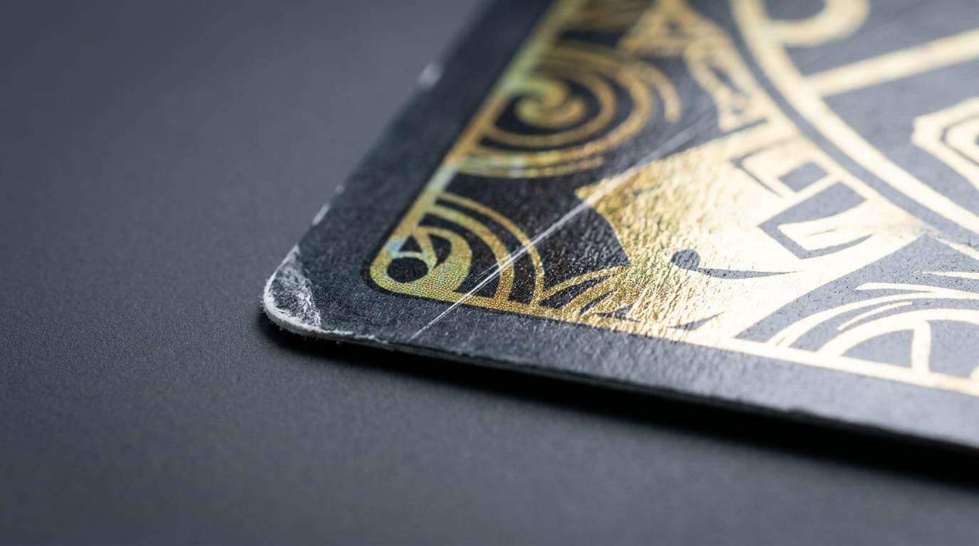 Close-up of a card corner under raking light: the corner tip has worn to white, and a fine scratch crosses the foil.